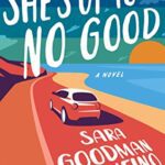She's Up to No Good book cover with cartoon highway by beach and red cartoon car