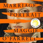 The Marriage Portrait book cover with portrait of 16th century woman with orange stripes for title