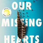 Our Missing Hears book cover with blue background and large feahter