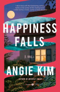 Happiness Falls book cover shows snippets of a window covered by a color.