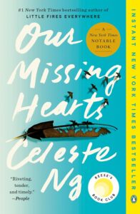 Our Missing Hearts by Celest Ng book cover with large title image and birds flying away 