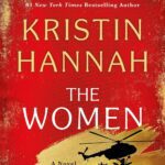 The Women by Kristin Hannah book cover that features a red background with a gold cloud and a black helicopter in the cloud
