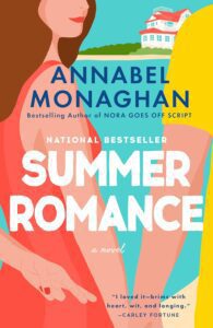 Summer Romance by Annabel Monaghan book cover features a cartoon image of the backs of a couple's arms with the woman character crossing her fingers. 